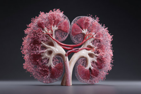 Realistic 3D representation of a kidney cross-section displaying intricate blood vessels and clear visualization of the left zone for educational purposesの素材