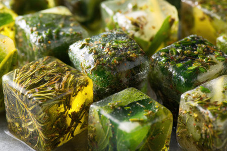 Frozen cubes of herbs in olive oil provide a convenient way to enhance cooking. Bright colors and textures highlight their fresh, natural appeal.の素材