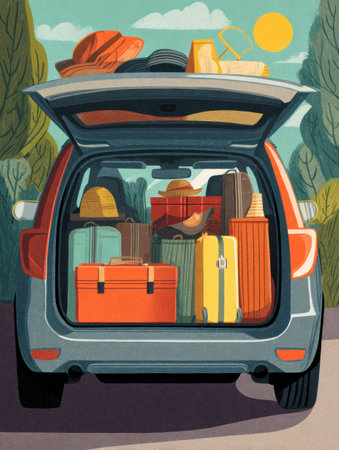 Trunk of a car filled with vibrant luggage, hats, and travel gear ready for a weekend adventure under a clear blue sky.の素材