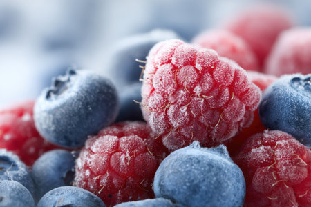 Close-up of frost-kissed blueberries and raspberries highlights the elegance of fresh fruit in a cold, wintry environment, capturing natures artistry.の素材