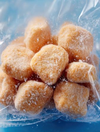 Close-up view of frozen chicken nuggets sealed in clear packaging, displaying their crisp texture and ideal for easy meal preparation or snacking.の素材