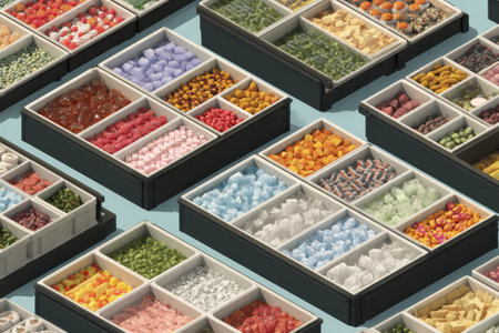 Detailed representation of frozen food categories organized in labeled bins, emphasizing their distinctions and arrangement for easy selection and accessの素材