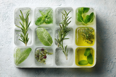 Herbs are frozen in oil within an ice cube tray, providing an easy method for preserving flavors for future cooking and meal preparation.の素材