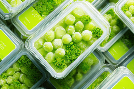 Display of frozen organic food packaging highlights green accents and assorted vegetables, showing freshness and quality in an attractive design.の素材