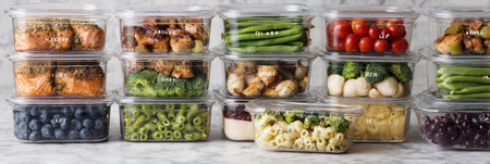 A stack of neatly organized meal-prepped frozen containers labeled by day showcases a variety of healthy foods for convenient eating.の素材