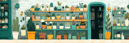Colorful pots line the shelves of a delightful plant shop filled with various vibrant plants, creating an inviting atmosphere for plant lovers and customers.の素材