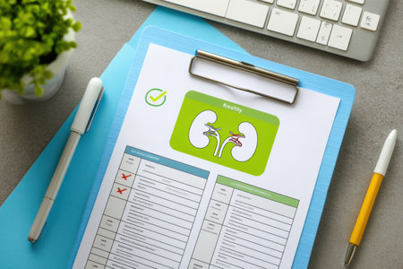 Detailed medical report displays healthy kidney statistics with a green checkmark, indicating positive health results on a clean desk layoutの素材