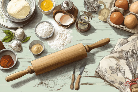 Dough rests on a wooden countertop surrounded by fresh ingredients, utensils, and a rolling pin in a warm, inviting kitchen atmosphere.の素材