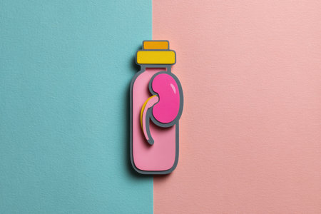 Bright kidney-shaped water bottle icon rests on a minimalist pastel background, illustrating a unique blend of style and hydration essentials for daily use.の素材