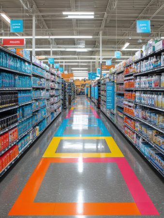 Bright safety labels guide customers through a neatly arranged pharmacy aisle filled with various products under ample lighting.の素材