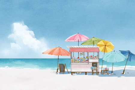 Colorful umbrellas shade an inviting ice cream stand by the beach, providing refreshing treats to sunbathers enjoying the ocean breeze on a clear day.の素材