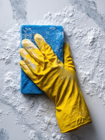 A gloved hand scrubs a blue sponge over a surface covered in a white powdery substance, actively cleaning the mess in a bright environment.の素材