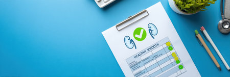 Medical report displays healthy kidney statistics marked with a green checkmark, resting on a blue surface alongside office supplies in an organized setting.の素材