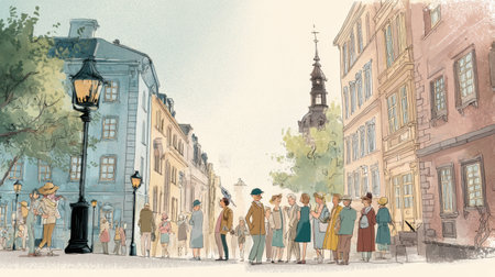 Participants wander through old town streets, capturing the essence of the atmosphere with cameras and sketchpads, enjoying the historic architecture.の素材