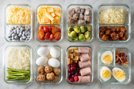 Colorful frozen breakfast foods are organized in a meal prep layout featuring containers filled with various ingredients ready for the week ahead.の素材