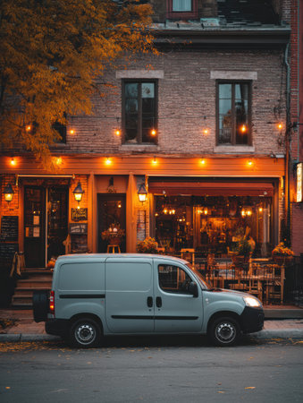Delivery van is parked outside a cozy cafe that has bright lights and a welcoming ambiance, ready for pickups on a lively street.の素材