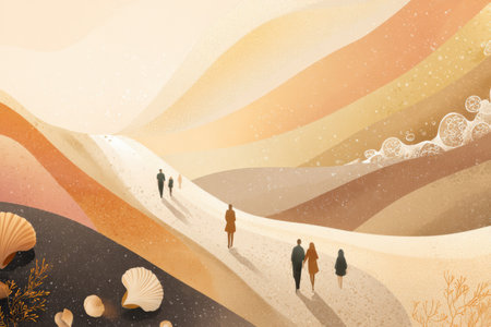 Enjoy a peaceful walk along the beach during golden hour, with soft light illuminating shells and sea foam on the sandy path, surrounded by serene landscapes.の素材