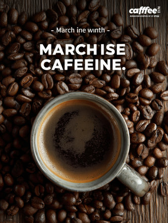 Highlighting March as caffeine awareness month, this poster encourages appreciation for coffees role in enhancing daily activities and social interactions.の素材