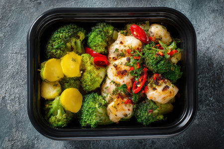 Microwaveable dinner features flaky fish, vibrant broccoli, and hearty potatoes in a sleek black container.の素材