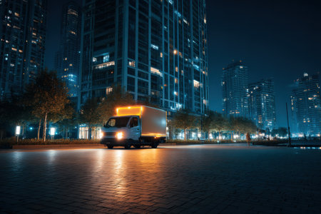 Glowing delivery vehicle lights brighten the evening as it navigates through a clean, modern city landscape filled with tall buildings and trees.の素材