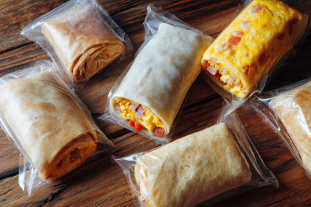 Various frozen breakfast burritos are arranged neatly against a wooden backdrop, featuring a frosty appearance that highlights freshness and flavor options.の素材