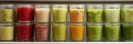 Colorful frozen soups stored in glass containers showcase a variety of flavors, organized for easy access in a chilled environment, promoting freshness.の素材