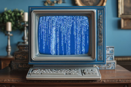 A vintage computer monitor showcases a blue screen of death error, set in a sophisticated room adorned with plants and antique decorations.の素材