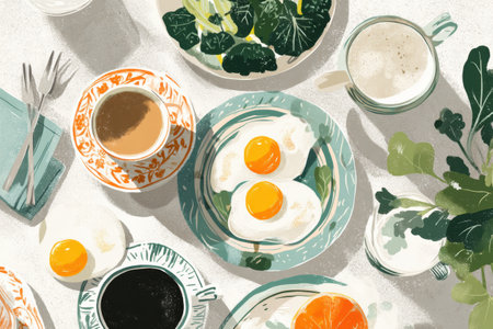 Brightly arranged brunch includes sunny side up eggs, fresh greens, rich coffee, and a vibrant orange. Perfect for a relaxed weekend meal.の素材