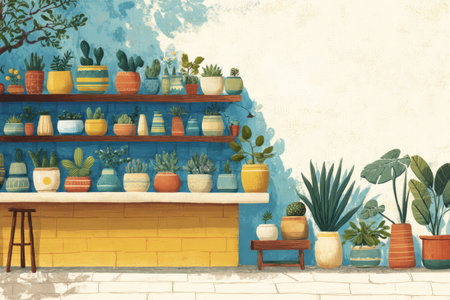 A vibrant plant shop showcases a variety of potted plants arranged neatly on wooden shelves, creating a welcoming environment filled with greenery and color.の素材