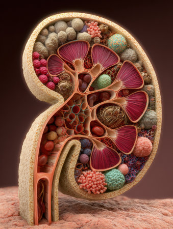 This visual shows a 3D cross-section of nephron structure, highlighting cellular components in the clean left zone and renal functions.の素材