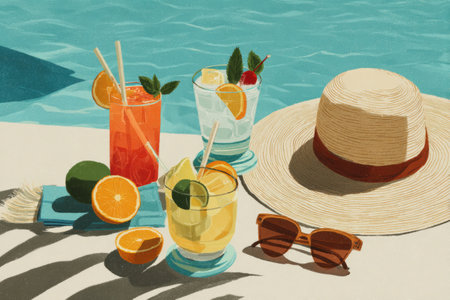 Brightly colored cocktails sit next to sun hats and sunglasses, embodying the joy of relaxation at a summer poolside on a sunny day.の素材