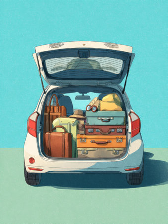 A car trunk filled with vibrant luggage and travel essentials is prepared for a weekend road trip, capturing the excitement of travel and adventure.の素材