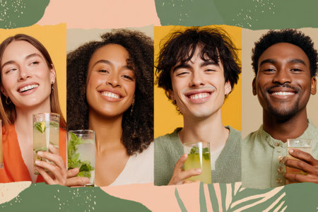 Group of happy people holding refreshing herbal drinks, surrounded by a playful and colorful background, celebrating friendship and wellness together.の素材