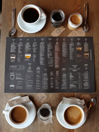 Caffeine content is highlighted on a well-organized coffee menu laid out centrally, featuring various drinks and their respective strengths for customers.の素材