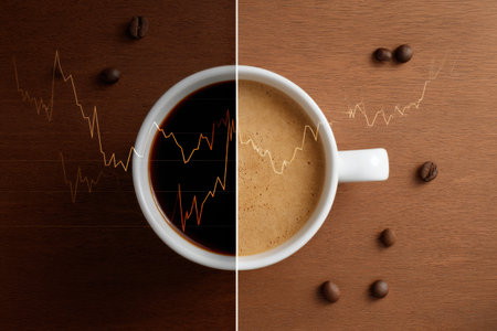 Chart illustrates energy levels before and after coffee intake with a dark drink and a light beverage on a wooden background with coffee beans.の素材