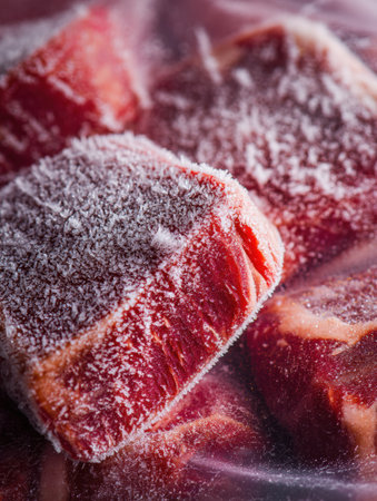 Close-up view of frost-covered frozen steaks stored in vacuum-sealed packaging, showing the effects of freezing and preservation in a domestic setting.の素材