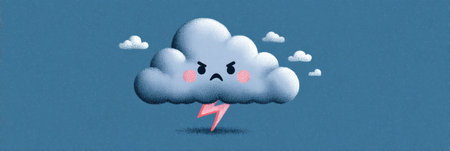 A fierce cloud with an angry expression emits a bright lightning bolt, showing an error code. The right margin is unobstructed, emphasizing the design.の素材