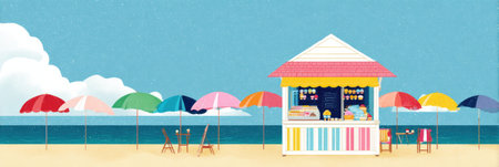 Ice cream stand sits on the sandy beach, adorned with vibrant umbrellas, inviting visitors to enjoy sweet treats while relaxing in the sun.の素材
