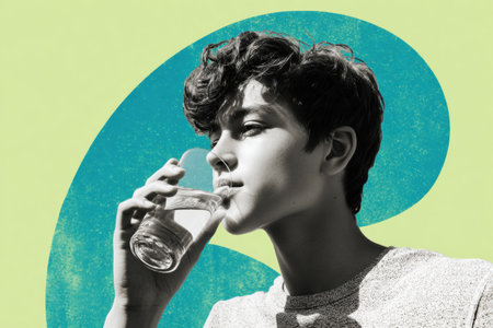 A young person drinks water while enjoying the outdoors under a clear sky. The scene features vibrant colors and a playful kidney shape overlay.の素材