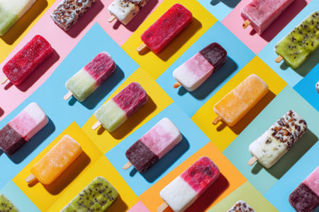 Vibrant frozen snack assortment displayed in a geometric pattern on a colorful, minimalistic background showing a variety of flavors and textures.の素材