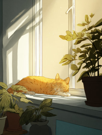 A relaxed cat lounges in a warm sunbeam on the windowsill, nestled among potted plants, enjoying a tranquil moment in a soft-lit indoor space.の素材