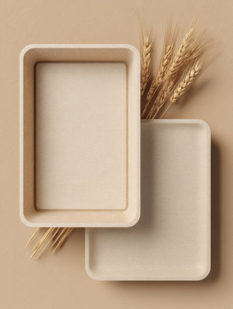Frosty packaging mockup highlights minimalistic containers for plant-based frozen meals, complemented by wheat elements on a neutral surface for an organic feelの素材