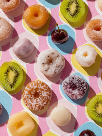 Colorful frozen snacks are arranged in a geometric pattern on a vibrant background, showing various fruits and flavors in an eye-catching display.の素材