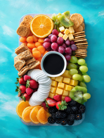 Colorful snack board filled with an assortment of fruits, crackers, and a sweet dip, ideal for enjoyable healthy snacking at any gatheringの素材