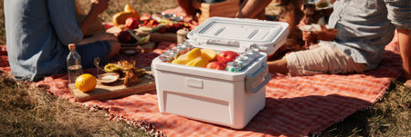 Friends enjoy a sunny picnic with a cooler of frozen treats and fresh fruit, creating a joyful atmosphere.の素材