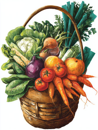 Basket overflowing with vibrant seasonal produce including leafy greens, root vegetables, and colorful fruits. Perfect for healthy meals and recipes.の素材