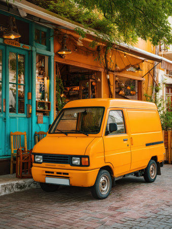 A bright orange delivery van is parked in front of a charming cafe, ready for pickup while the sun shines on this lively street.の素材