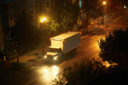 In the quiet evening, a delivery vehicle lights up the deserted city street, showcasing its presence against the serene backdrop of glowing streetlights.の素材