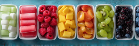 Brightly colored frozen snacks arranged in a playful design invite everyone to enjoy a refreshing and treat healthy on a warm day with friends.の素材