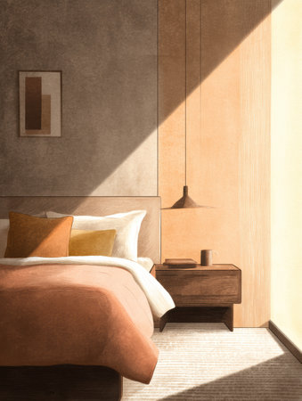A bedroom stylish showcases soft bedding, natural textures, and inviting lighting, creating a tranquil atmosphere perfect for relaxation and rest.の素材